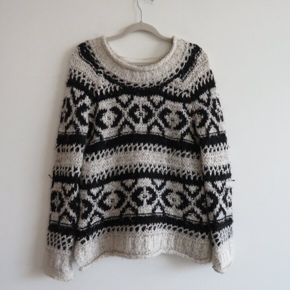 FREE PEOPLE Silver Reed Fair Isle Black White Crochet Wool Boho Sweater Sz XS - Picture 2 of 15
